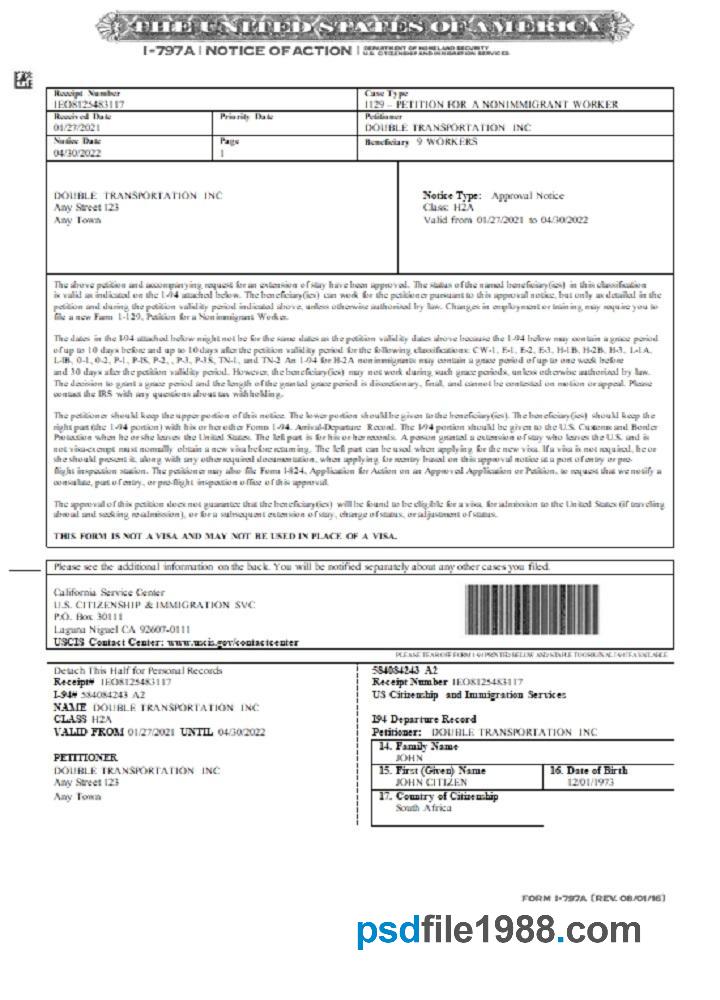 USA Notice of Action Form I-797A